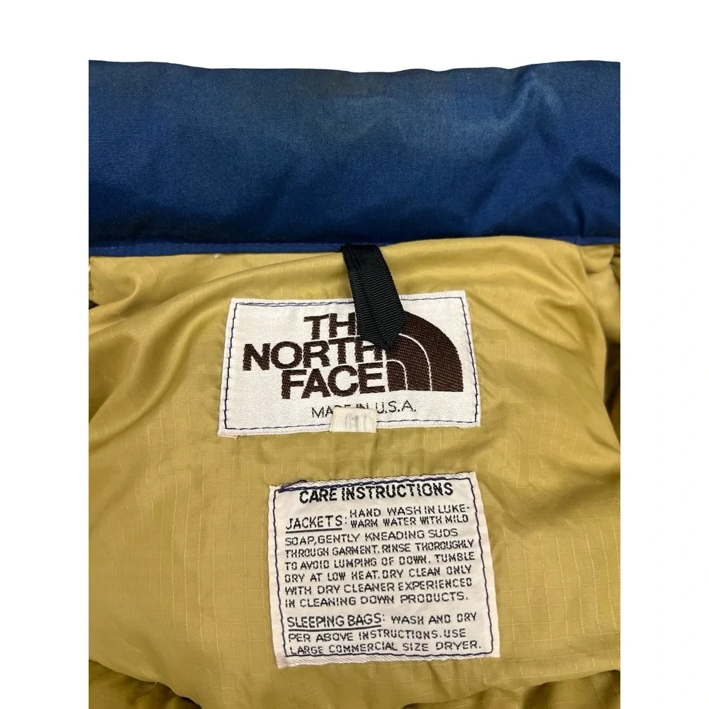 VTG The North Face 70s Mens S Blue Down Puffer Vest Snap USA-Made Brown Label